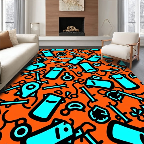 ODIKA 4'x6' Machine Washable Non-Slip Area Rug, Game Mosaic Pop Art High Traffic Rug, Orange, 699954