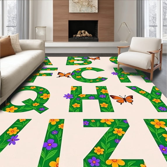 ODIKA 4'x6' Machine Washable Non-Slip Area Rug, Garden Bloom Letter Recognition with Alphabet Design High Traffic Rug, Green, 700721