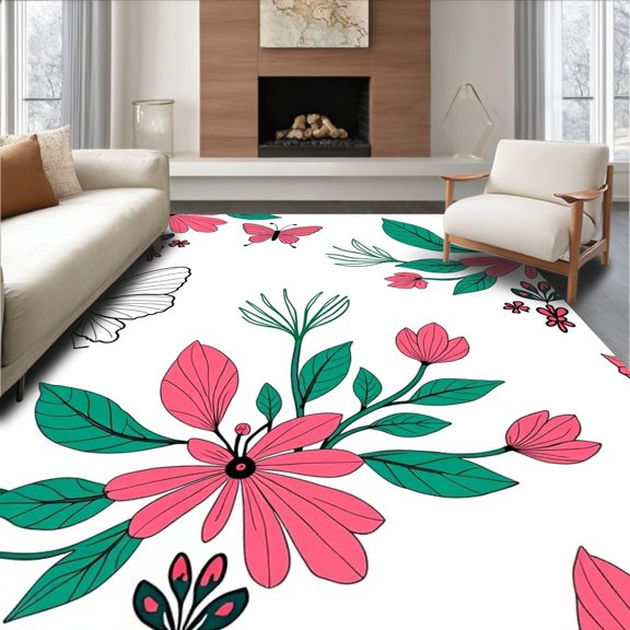 ODIKA 4'x6' Machine Washable Non-Slip Area Rug, Garden Crochet Hook Kit DIY Yarn Holiday Decoration High Traffic Rug, Pink, 645883