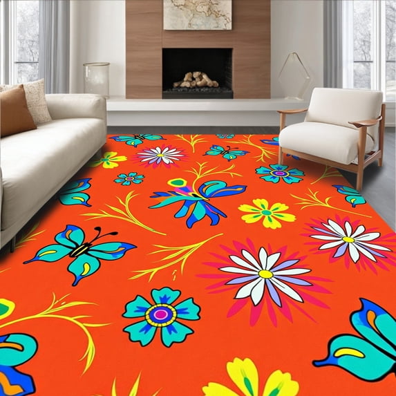 ODIKA 4'x6' Machine Washable Non-Slip Area Rug, Garden Floral Meadow Springtime Fantasy High Traffic Rug, Orange, 724015