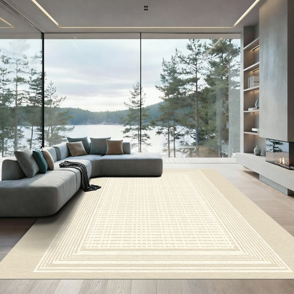 ODIKA 4'x6' Machine Washable Non-Slip Area Rug, Geometric Beige High Traffic Rug, Beige, 1038952