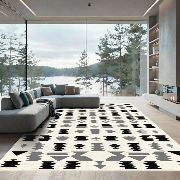 ODIKA 4'x6' Machine Washable Non-Slip Area Rug, Geometric Beige High Traffic Rug, Beige, 1076294