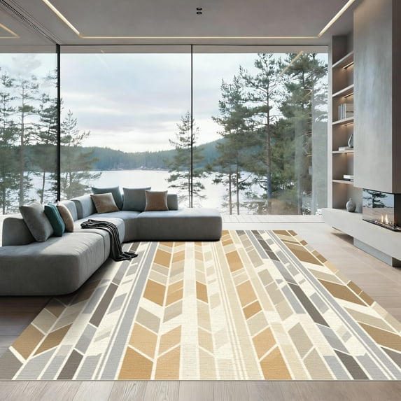 ODIKA 4'x6' Machine Washable Non-Slip Area Rug, Geometric Beige High Traffic Rug, Beige, 1079982
