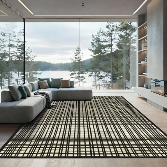 ODIKA 4'x6' Machine Washable Non-Slip Area Rug, Geometric Beige High Traffic Rug, Beige, 1094051