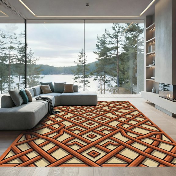 ODIKA 4'x6' Machine Washable Non-Slip Area Rug, Geometric Beige High Traffic Rug, Beige, 1142267
