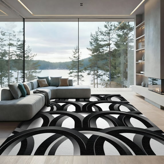 ODIKA 4'x6' Machine Washable Non-Slip Area Rug, Geometric Black High Traffic Rug, Black, 1102029