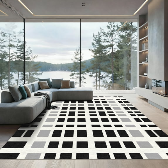 ODIKA 4'x6' Machine Washable Non-Slip Area Rug, Geometric Black High Traffic Rug with Pad, Gray, 1055569