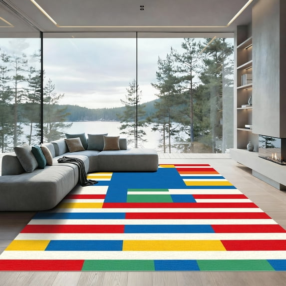 ODIKA 4'x6' Machine Washable Non-Slip Area Rug, Geometric Blue High Traffic Rug, Blue, 1051589