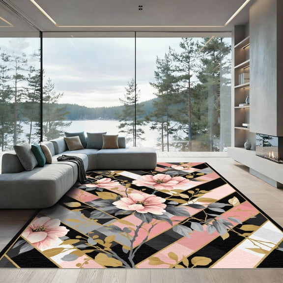ODIKA 4'x6' Machine Washable Non-Slip Area Rug, Geometric Blush Pink High Traffic Rug, Pink, 1084223