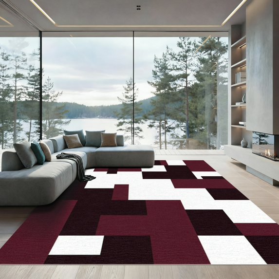 ODIKA 4'x6' Machine Washable Non-Slip Area Rug, Geometric Burgundy High Traffic Rug, Red, 1279347