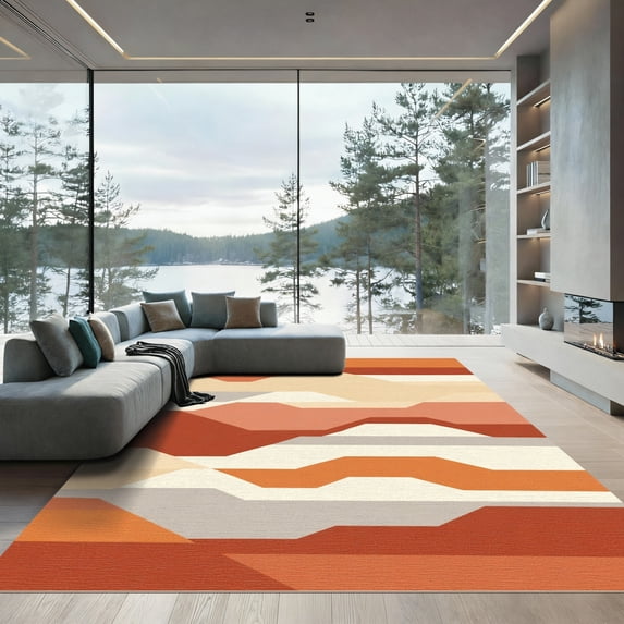 ODIKA 4'x6' Machine Washable Non-Slip Area Rug, Geometric Burnt Orange High Traffic Rug, Orange, 1093858