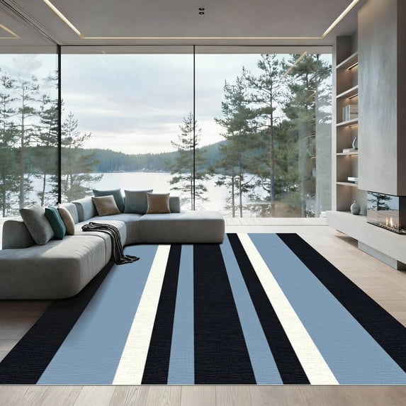 ODIKA 4'x6' Machine Washable Non-Slip Area Rug, Geometric Dark Blue High Traffic Rug with Pad, Blue, 1028071