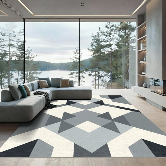 ODIKA 4'x6' Machine Washable Non-Slip Area Rug, Geometric Gray High Traffic Rug with Pad, Gray, 1051698