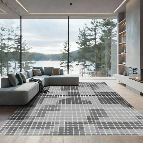 ODIKA 4'x6' Machine Washable Non-Slip Area Rug, Geometric Gray High Traffic Rug with Pad, Gray, 1053528
