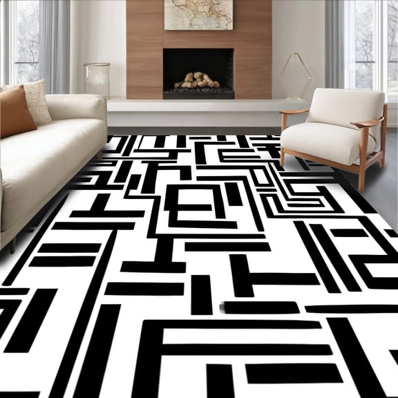 ODIKA 4'x6' Machine Washable Non-Slip Area Rug, Abstract Blocks High Traffic Rug, Black, 386674