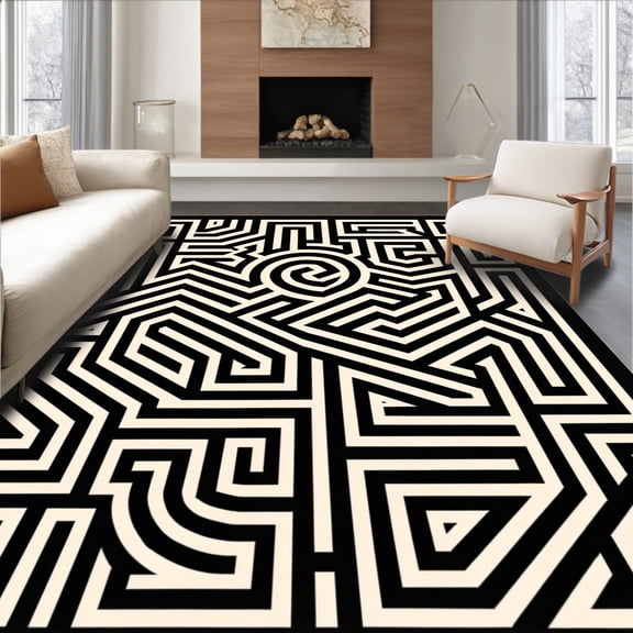 ODIKA 4'x6' Machine Washable Non-Slip Area Rug, Whimsical Maze Interlocking Labyrinth High Traffic Rug, Black, 664256