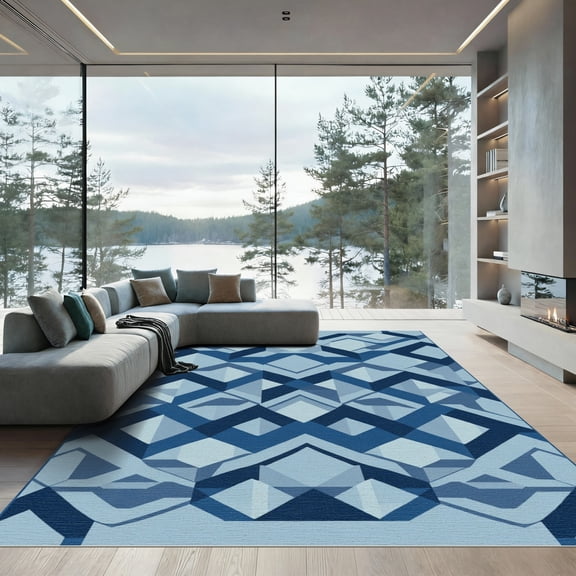 ODIKA 4'x6' Machine Washable Non-Slip Area Rug, Geometric Light Blue High Traffic Rug, Blue, 1083305