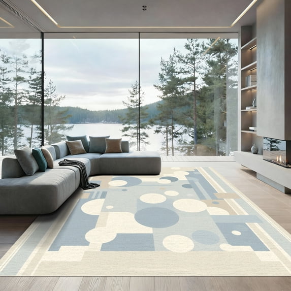 ODIKA 4'x6' Machine Washable Non-Slip Area Rug, Geometric Light Blue High Traffic Rug with Pad, Blue, 1055756