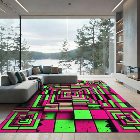 ODIKA 4'x6' Machine Washable Non-Slip Area Rug, Geometric Lime Green High Traffic Rug, Green, 979736