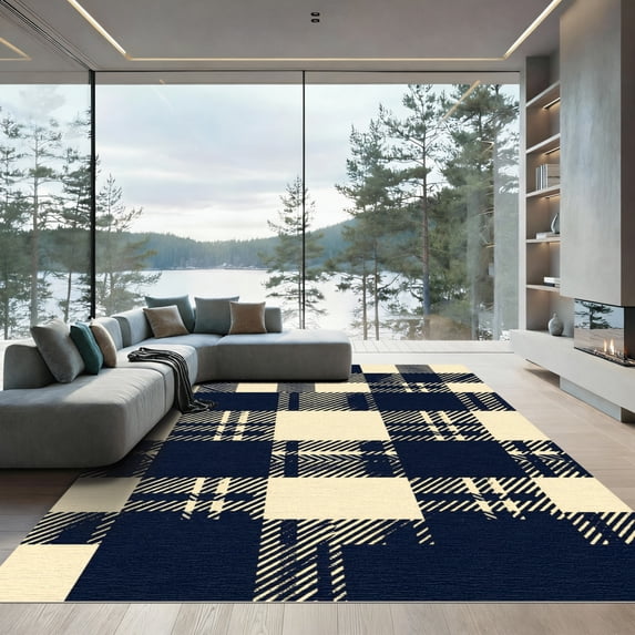 ODIKA 4x6 Machine Washable Non-Slip Area Rug, Geometric Navy Blue High Traffic Rug, Blue, 1008247