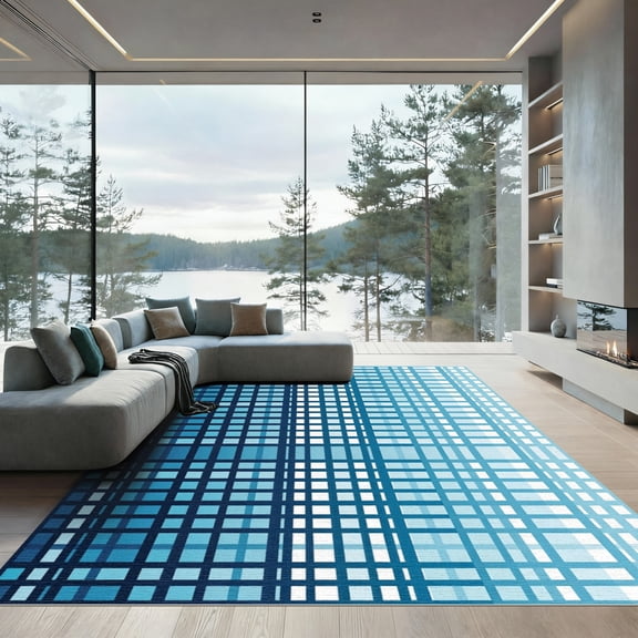 ODIKA 4'x6' Machine Washable Non-Slip Area Rug, Geometric Navy Blue High Traffic Rug, Blue, 979518