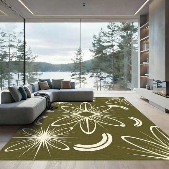 ODIKA 4'x6' Machine Washable Non-Slip Area Rug, Geometric Olive Green High Traffic Rug, Green, 1173868