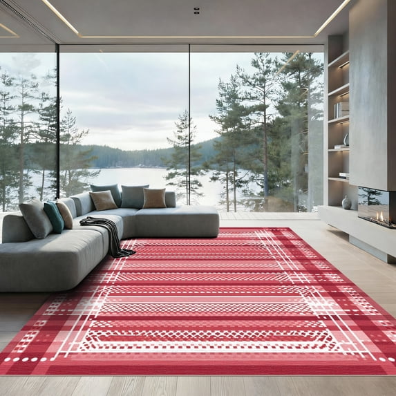 ODIKA 4'x6' Machine Washable Non-Slip Area Rug, Geometric Red High Traffic Rug, Red, 1097562