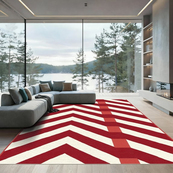ODIKA 4'x6' Machine Washable Non-Slip Area Rug, Geometric Red High Traffic Rug, Red, 1097566