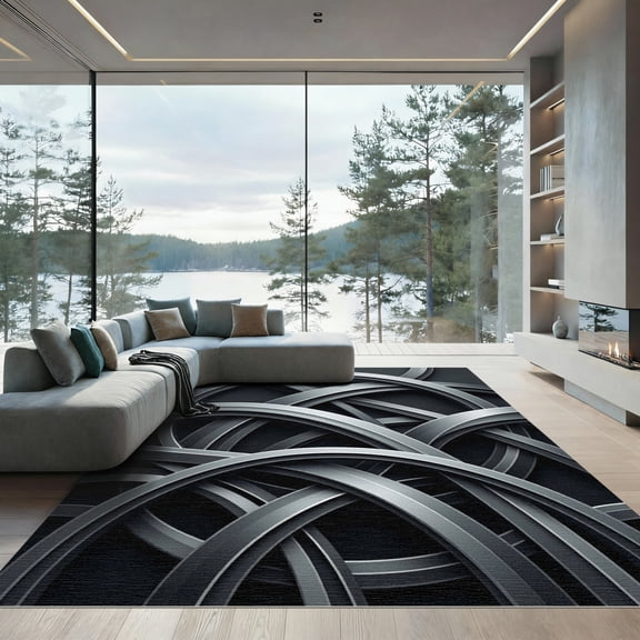 ODIKA 4'x6' Machine Washable Non-Slip Area Rug, Geometric Silver High Traffic Rug, Silver, 932183