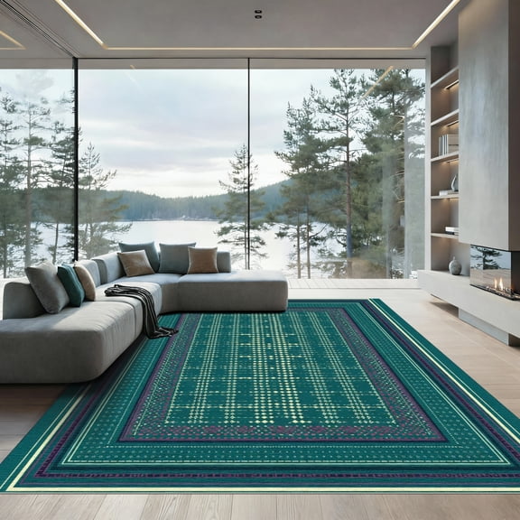 ODIKA 4'x6' Machine Washable Non-Slip Area Rug, Geometric Teal High Traffic Rug, Green, 1073944
