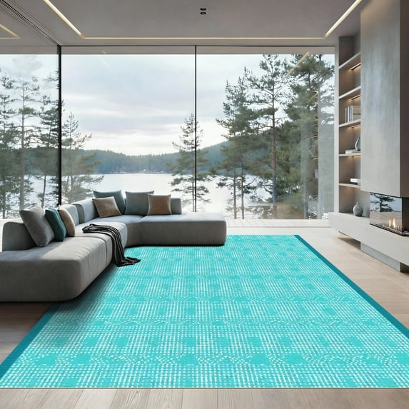 ODIKA 4'x6' Machine Washable Non-Slip Area Rug, Geometric Turquoise High Traffic Rug, Blue, 1033484