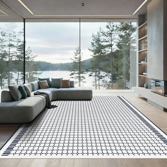ODIKA 4'x6' Machine Washable Non-Slip Area Rug, Geometric White High Traffic Rug, White, 1060595