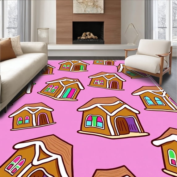 ODIKA 4'x6' Machine Washable Non-Slip Area Rug, Gingerbread House Village Crochet Wall Hanging Decoration High Traffic Rug, Pink, 653788