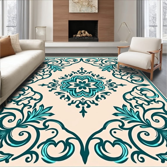ODIKA 4'x6' Machine Washable Non-Slip Area Rug, Glam Interlocking Scrollwork with Ornate Filigree and Vintage Flourishes High Traffic Rug, Beige, 667768