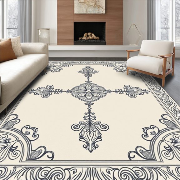 ODIKA 4x6 Machine Washable Non-Slip Area Rug, Glam Paisley Trellis with Vintage Ornamental Scroll Details High Traffic Rug, Beige, 667703