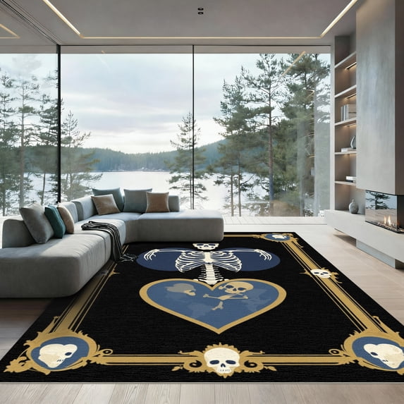 ODIKA 4'x6' Machine Washable Non-Slip Area Rug, Gothic Black High Traffic Rug with Pad, Black, 1058446