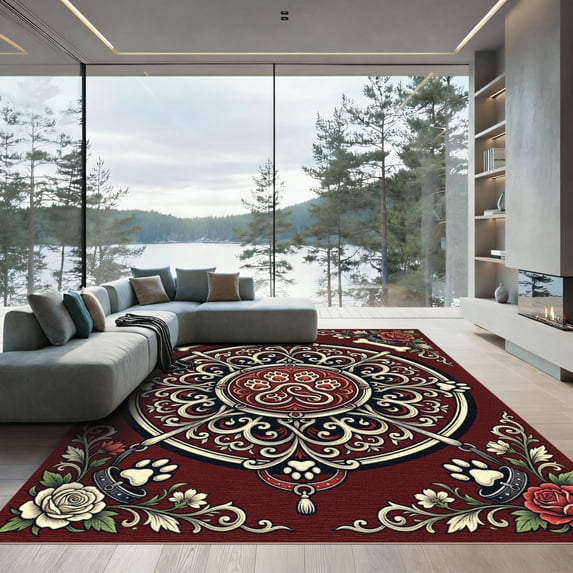 ODIKA 4'x6' Machine Washable Non-Slip Area Rug, Gothic Burgundy High Traffic Rug, Red, 1286832