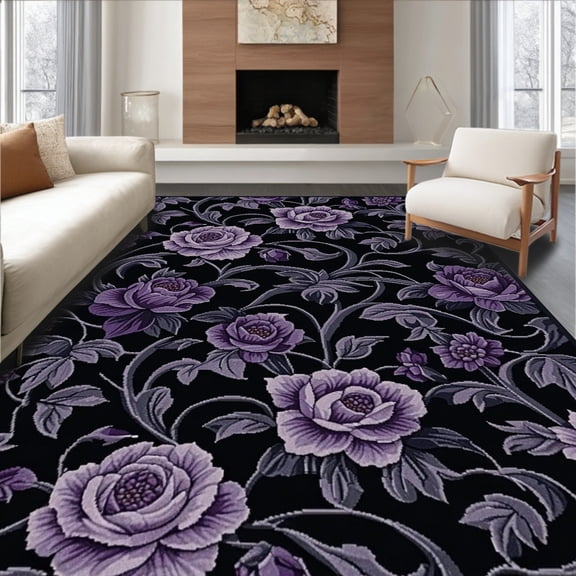 ODIKA 4'x6' Machine Washable Non-Slip Area Rug, Gothic Floral Accent Dark Romantic Design High Traffic Rug, Purple, 269987
