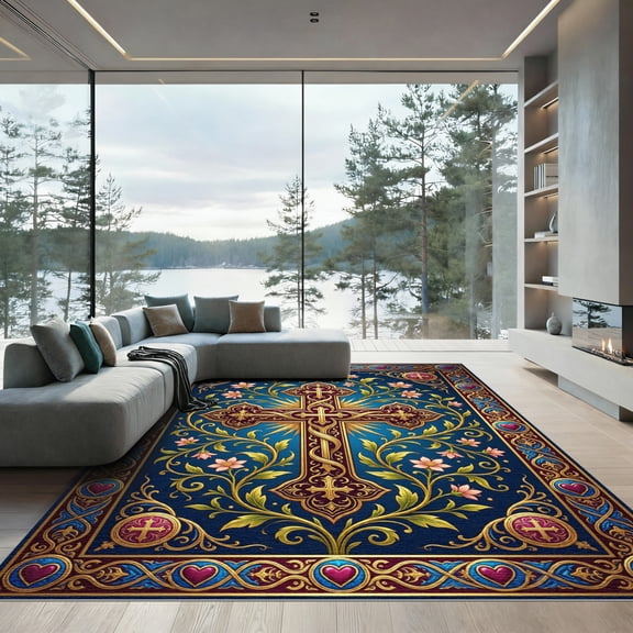 ODIKA 4'x6' Machine Washable Non-Slip Area Rug, Gothic Navy Blue High Traffic Rug, Blue, 1187443