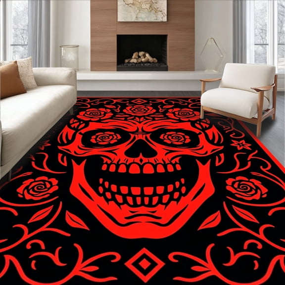 ODIKA 4'x6' Machine Washable Non-Slip Area Rug, Gothic Rose Skull Latch Hook Kit DIY Needlework Project High Traffic Rug, Red, 743471