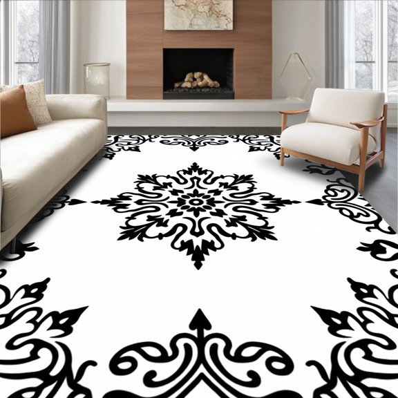 ODIKA 4'x6' Machine Washable Non-Slip Area Rug, Gothic Victorian Damask Luxe Scroll Filigree High Traffic Rug, Black, 579343