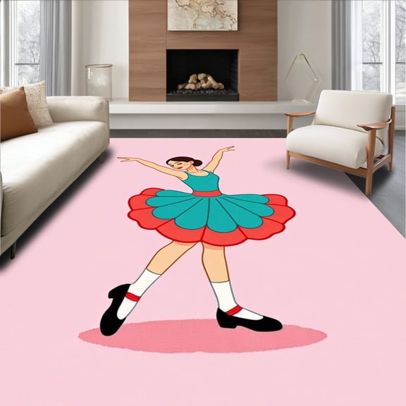 ODIKA 4'x6' Machine Washable Non-Slip Area Rug, Graceful Pirouette Artist Stitchwork Illustration High Traffic Rug, Pink, 645827