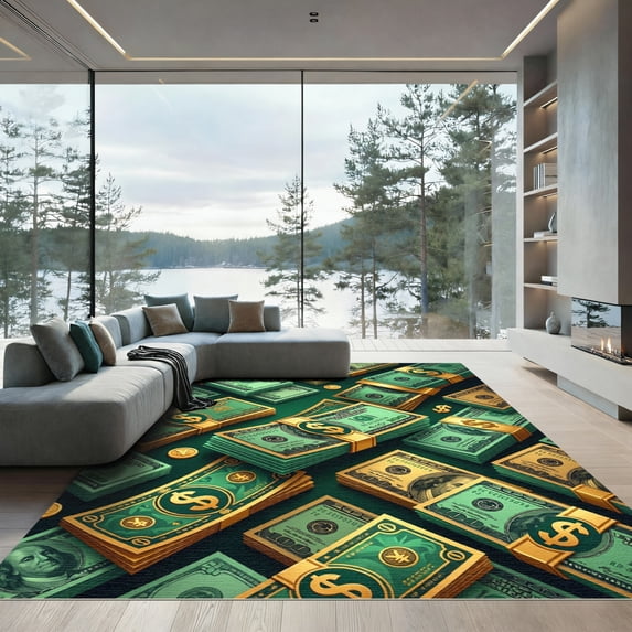 ODIKA 4'x6' Machine Washable Non-Slip Area Rug, Graphic Green High Traffic Rug, Green, 1006636