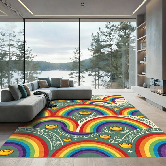ODIKA 4'x6' Machine Washable Non-Slip Area Rug, Graphic Multicolor High Traffic Rug, Green, 1187812