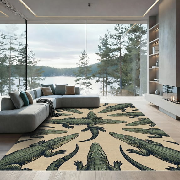 ODIKA 4'x6' Machine Washable Non-Slip Area Rug, Graphic Olive Green High Traffic Rug, Green, 1163428