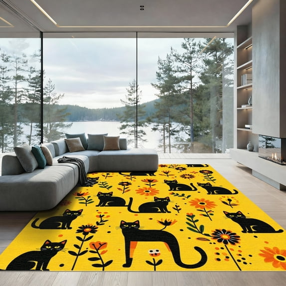 ODIKA 4'x6' Machine Washable Non-Slip Area Rug, Graphic Yellow High Traffic Rug with Pad, Yellow, 1031633
