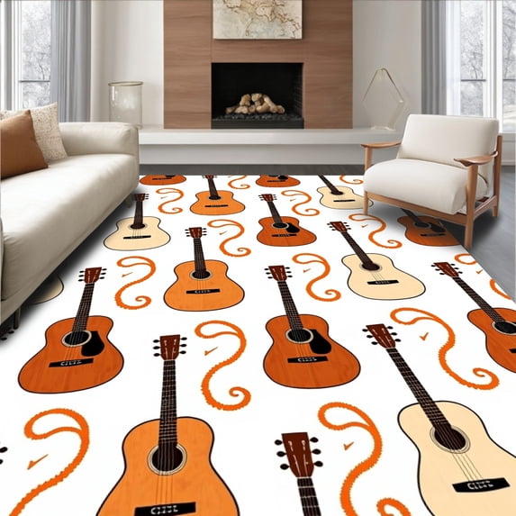 ODIKA 4'x6' Machine Washable Non-Slip Area Rug, Guitar Strings Needlework Kit Acoustic Instrument DIY Crafting High Traffic Rug with Pad, White, 621139