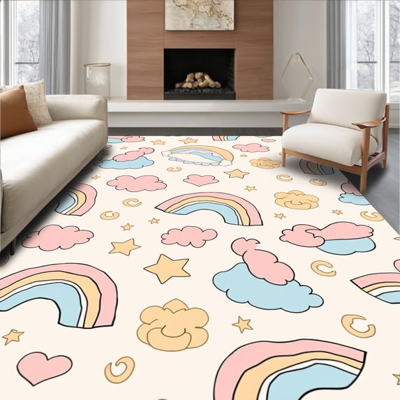ODIKA 4'x6' Machine Washable Non-Slip Area Rug, Hand Sketched Motif with Hearts and Whimsical Cloud Accents High Traffic Rug, Pink, 365563