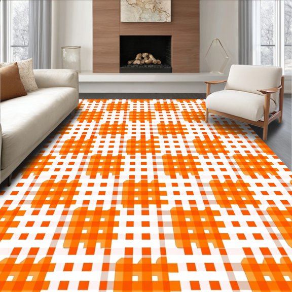 ODIKA 4x6 Machine Washable Non-Slip Area Rug, Harvest Checkered with Classic Autumn Grid Design High Traffic Rug, Orange, 509820