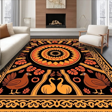 ODIKA 4'x6' Machine Washable Non-Slip Area Rug, Harvest Festival Gobbler Medallion High Traffic Rug, Black, 512750